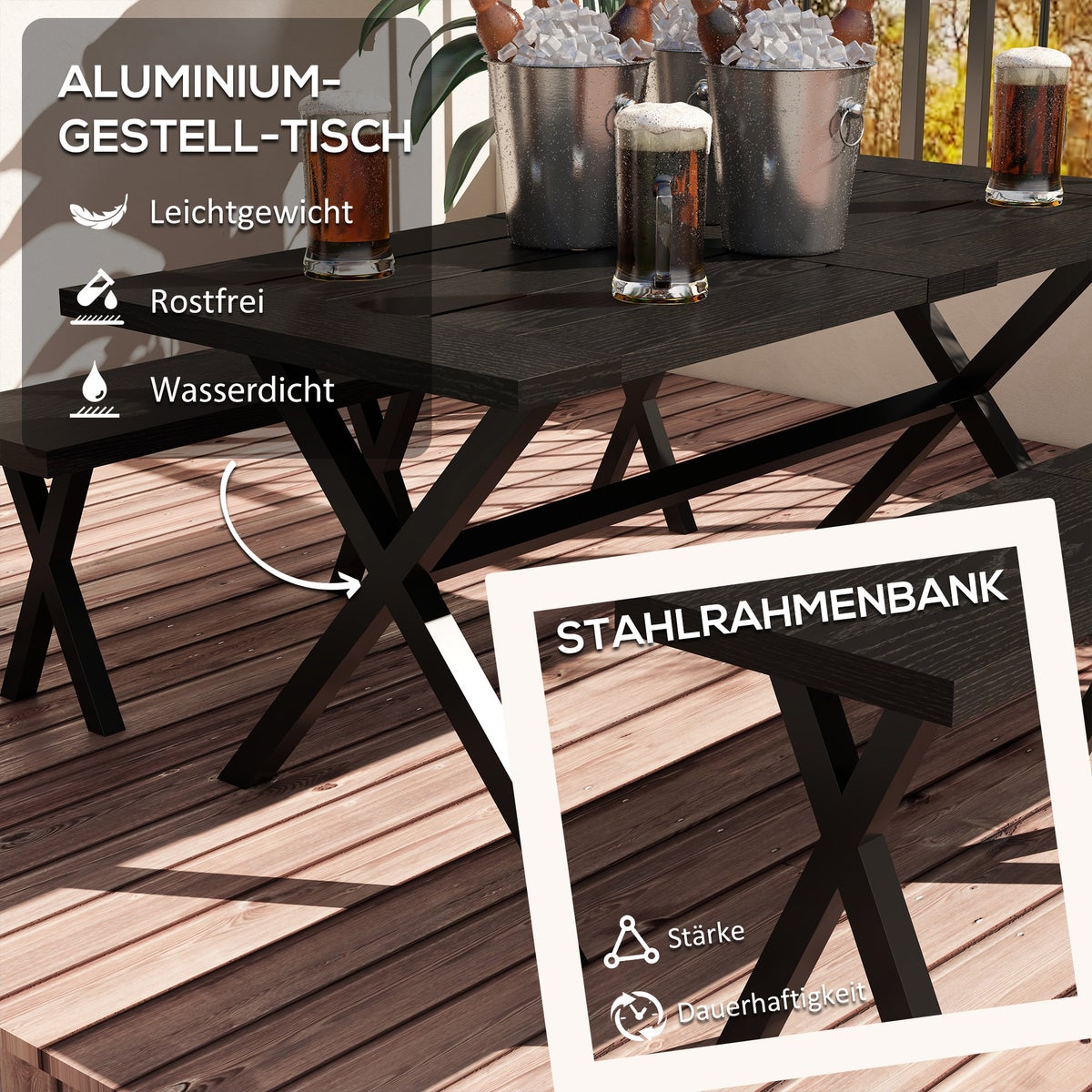 Outsunny biertuinset, 3-delig. Biertuinset met tafel, 2 stalen banken, parasolgat, 180 x 80 x 73 cm, aluminium, zwart