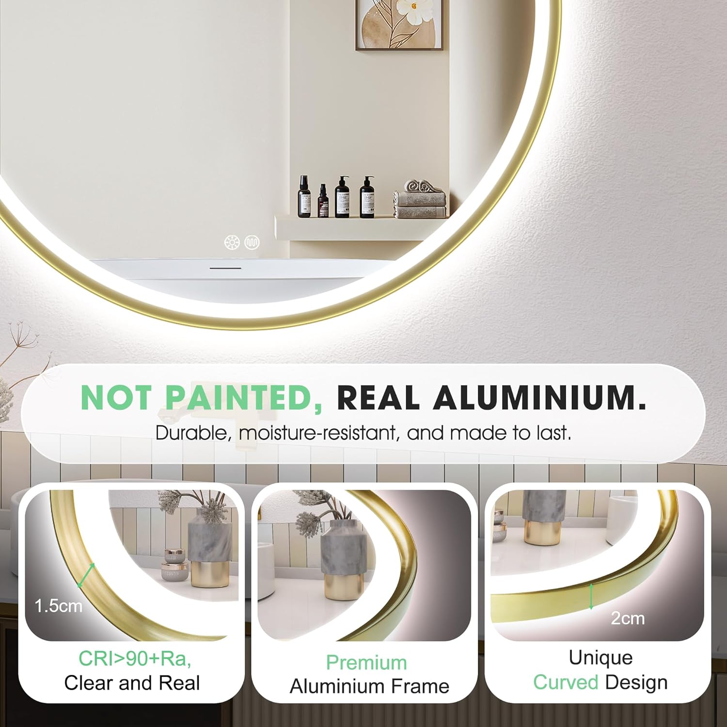 S'bagno Badspiegel mit Beleuchtung 80cm, Spiegel Rund mit Beleuchtung mit Aluminiumrahmen, Entfoggen, 3000-6500K, HD-Gehärtetes Glas, IP44 Bad Spiegel mit Licht Memory-Funktion, Gold