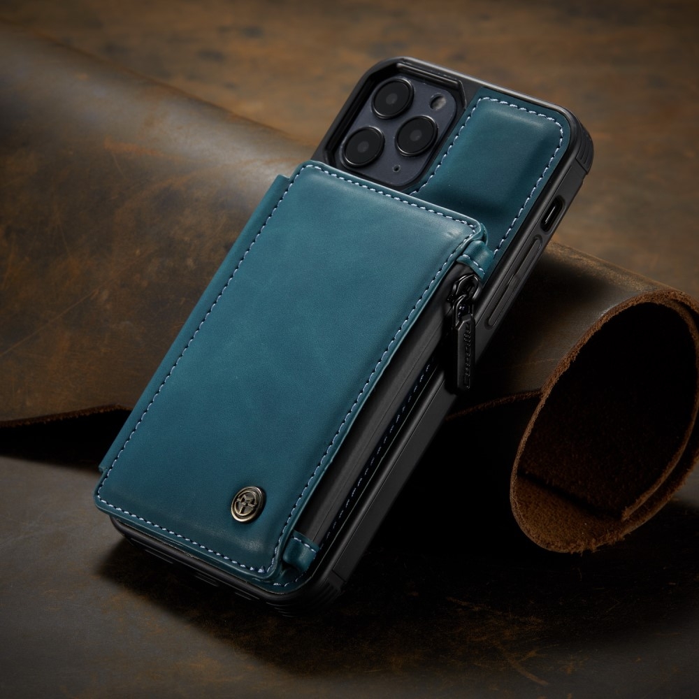 iPhone 12 / iPhone 12 Pro Leder Schutzhülle mit Münzbeutel   3 Kartenfächern - Blau / Grün