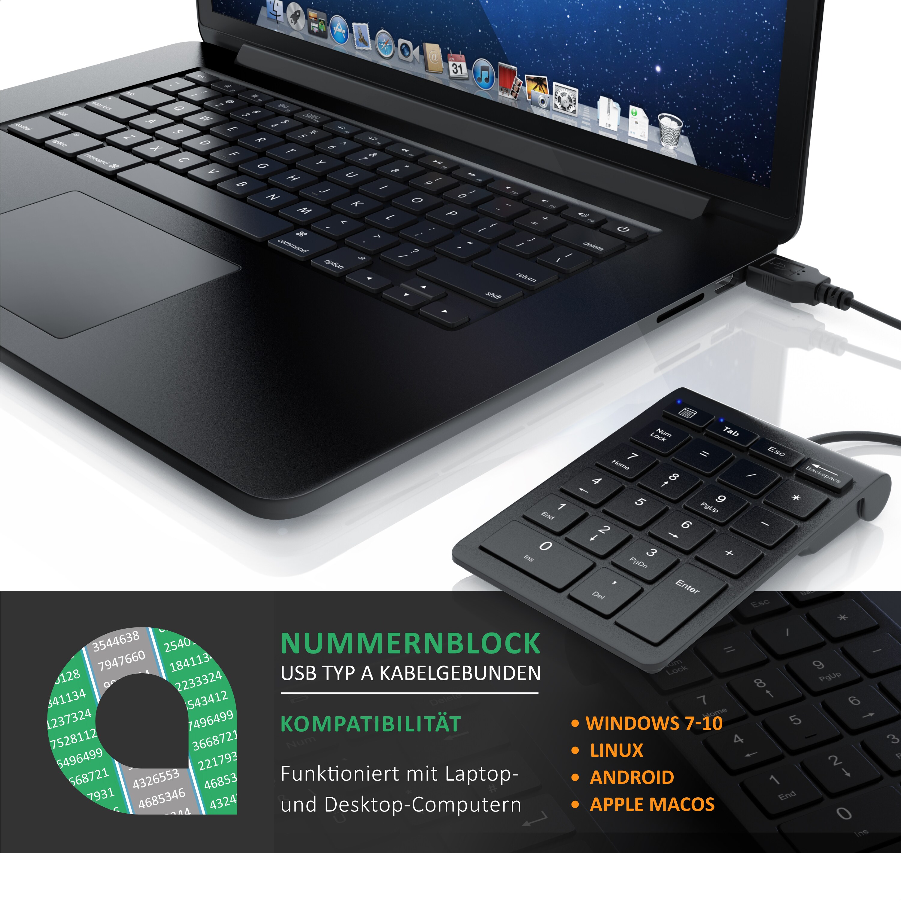 Aplic Numpad 22 Tasten - Keypad kabelgebunden USB Typ A - Ziffernblock mit 10 Multifunktionstasten - Multimedia-Keys - geneigte Tastatur - für PC