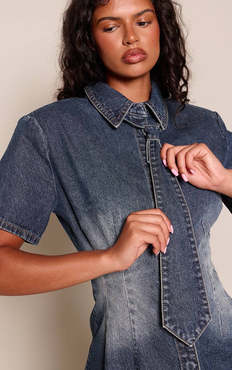 Bleu Vintage Chemise En Denim Bleu Foncé Vintage Cintrée & Cravate
