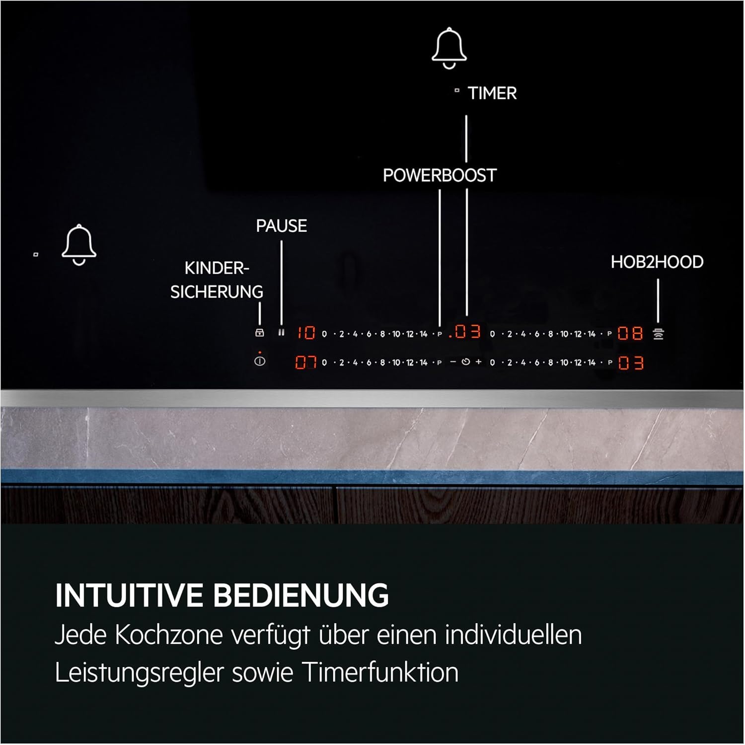 AEG Induktionskochfeld autark 80cm – Made in Germany – 4 Flex-Zonen mit Powerfunktion – 14 Stufen – SuperFlat Rahmen – Timer – Touch-Bedienung – kompatibel mit Haubenautomatik /TO84IA0FXB