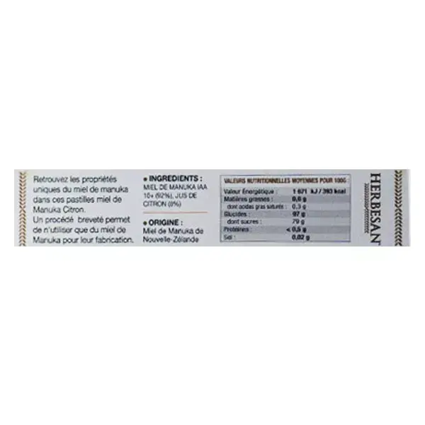 Pastilhas Herbesan Mel de Manuka IAA10+ Sabor Limão 20g