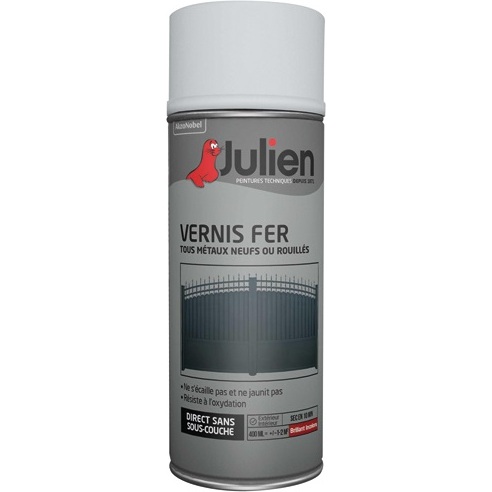Vernis tous métaux neufs ou rouillés Julien - Aérosol de 400 ml, inoclore brillant