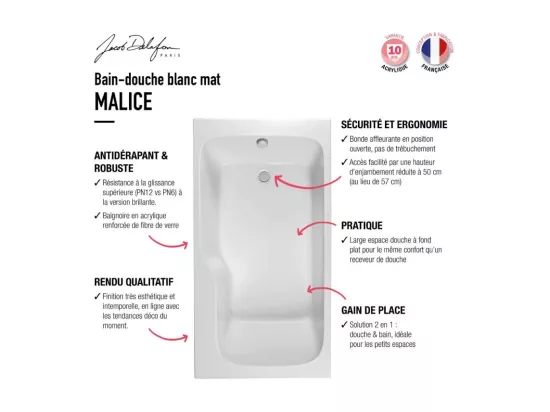 Baignoire bain douche JACOB DELAFON Malice antidérapante + tablier angle 170 x 90 droite