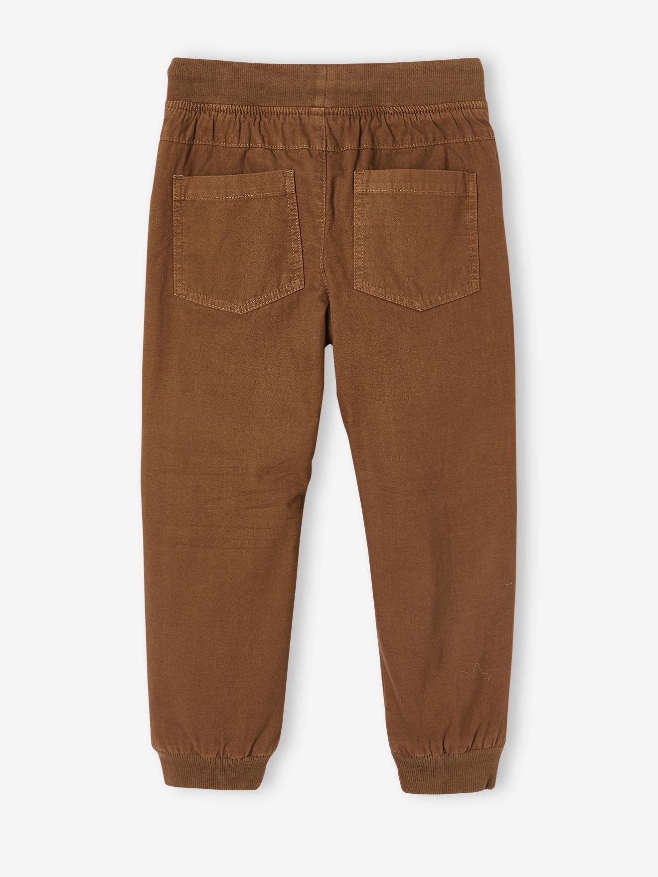 Calças de moletom forradas com lã polar, fáceis de vestir, para meninos, lisas na cor azul-escura com estampas.
