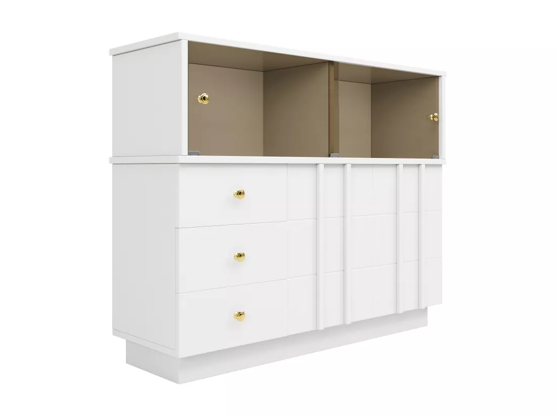 Buffet moderne - 3 tiroirs、2 étagères et cloison vitrée - MDF - Blanc