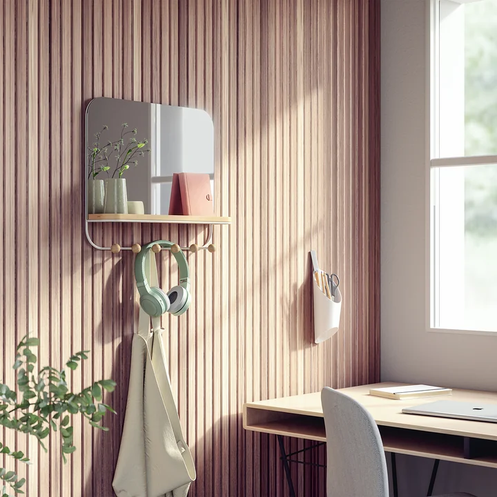 Umbra - Estique Garderobe mit Ablage und Spiegel, Buche natur / weiss