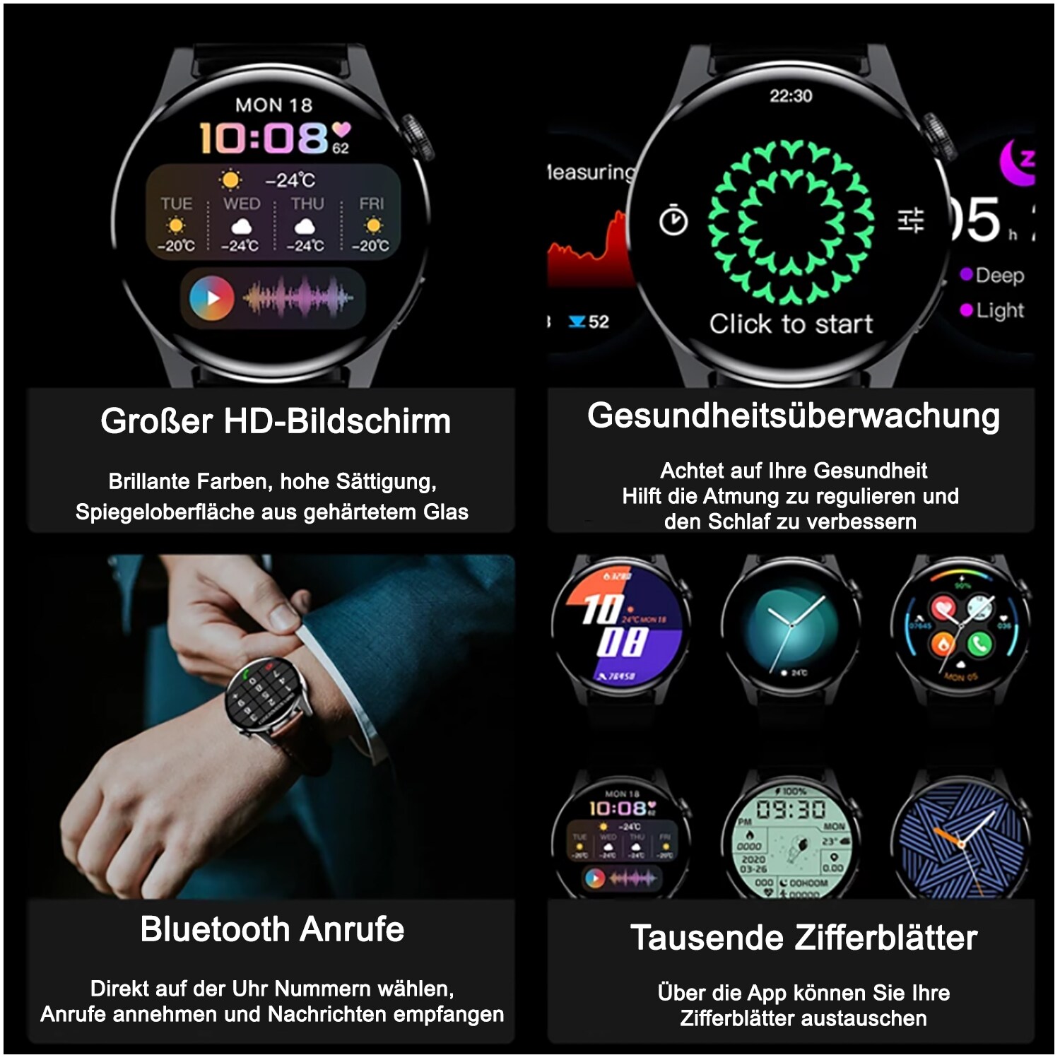 TPFNet Smart Watch / Fitness Tracker IP67 für Damen & Herren - Edelstahl Armband - Android & IOS - Schwarz