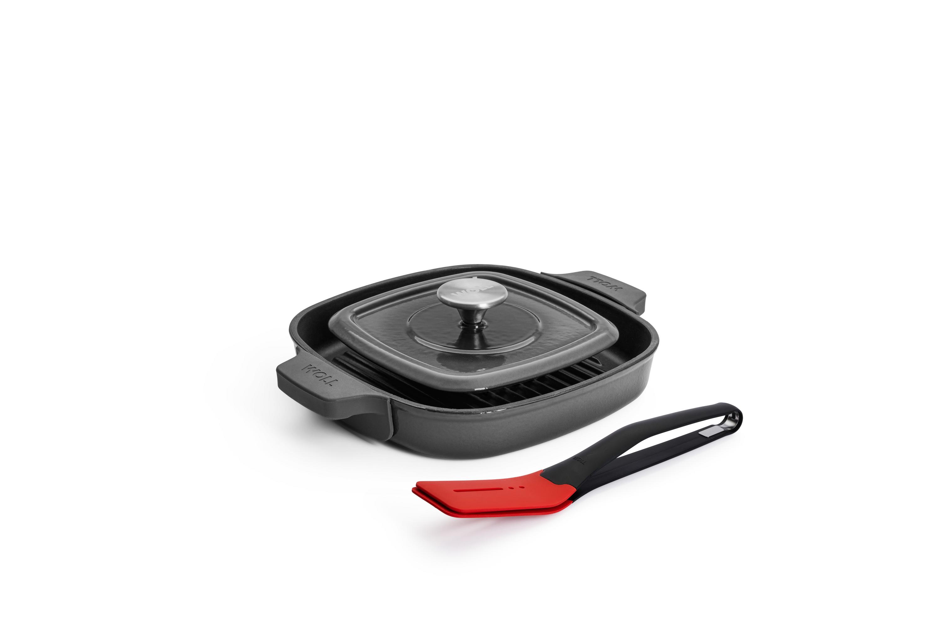 Iron Guss-Grillpfannen-Set mit Küchenzange, 24 x 24 cm - Farbe: Carbon Grey