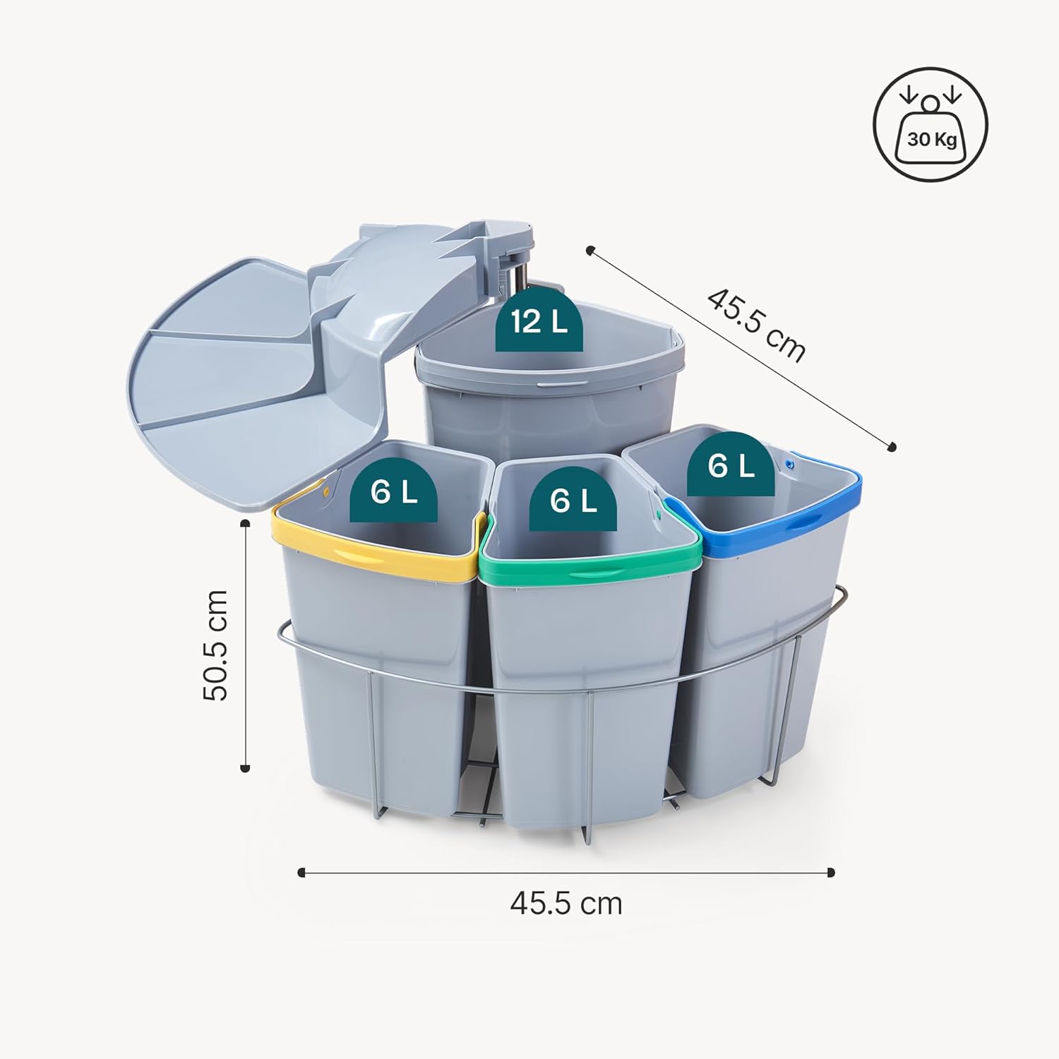 [en.casa] Einbau-Mülleimer Küche Kollby Mülltrennsystem 4fach für Unterschrank 50 cm breit 3 x 6L+1 x 12L Einbaumülleimer schwenkbar mit Deckel Grau