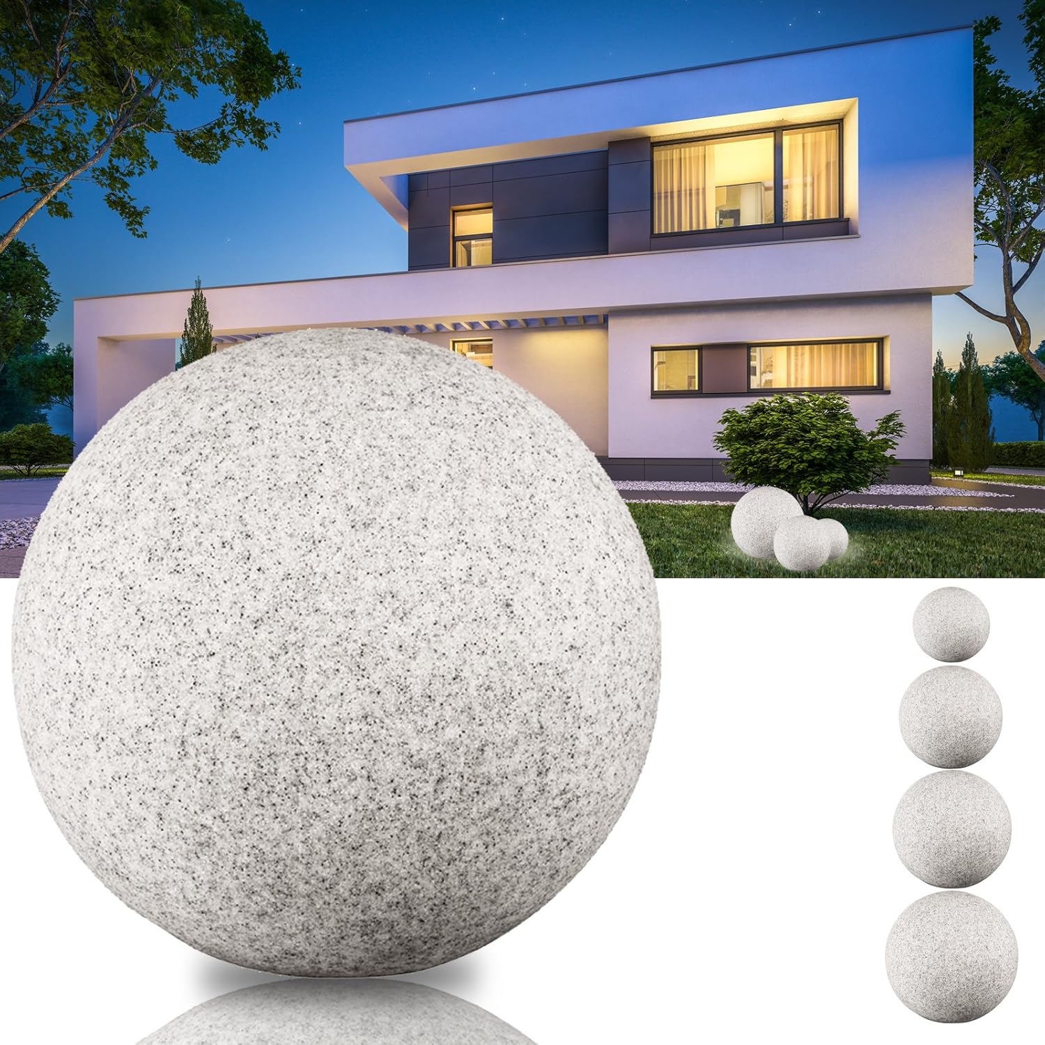 Stone IP65 Kugelleuchte für Garten - 3er Set 20+30+40 cm Kugel Außenleuchte Naturstein Optik E27 230V - mit LED 9W - Erdspieße - außen