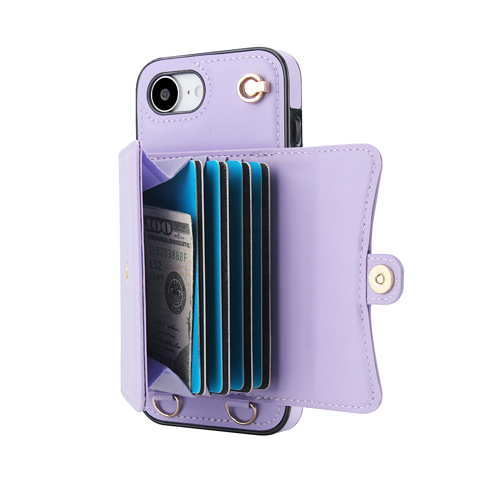 iPhone 16e Necklace Leder Schutz Hülle mit Kartenfach   Handykette (140cm) - Lila