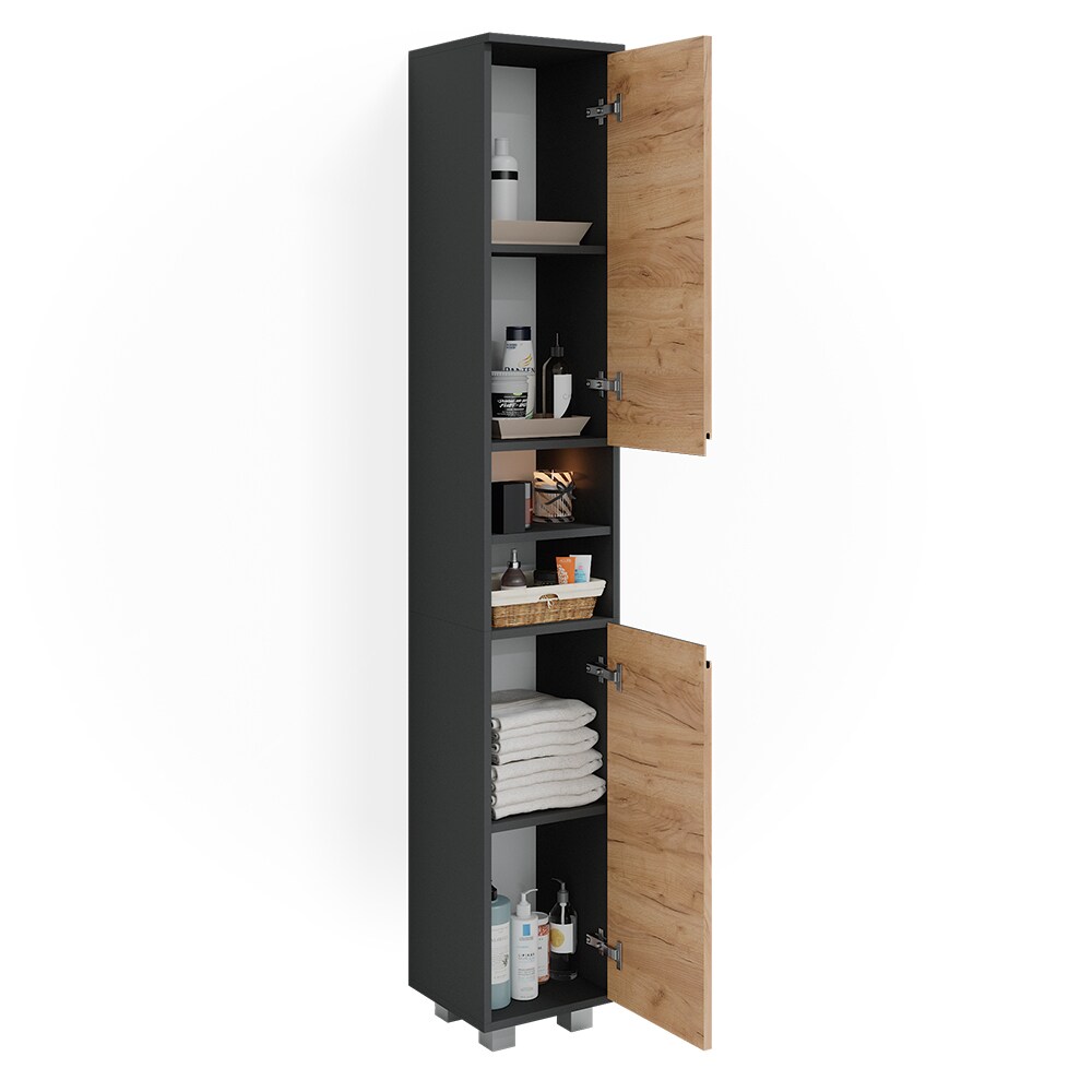 Vicco Hochschrank Badschrank Badezimmermöbel J-shape Anthrazit Eiche modern 30x190cm Badezimmer Schrank Badmöbel Schranktür Schrankfach Aufbewahrung Ablage
