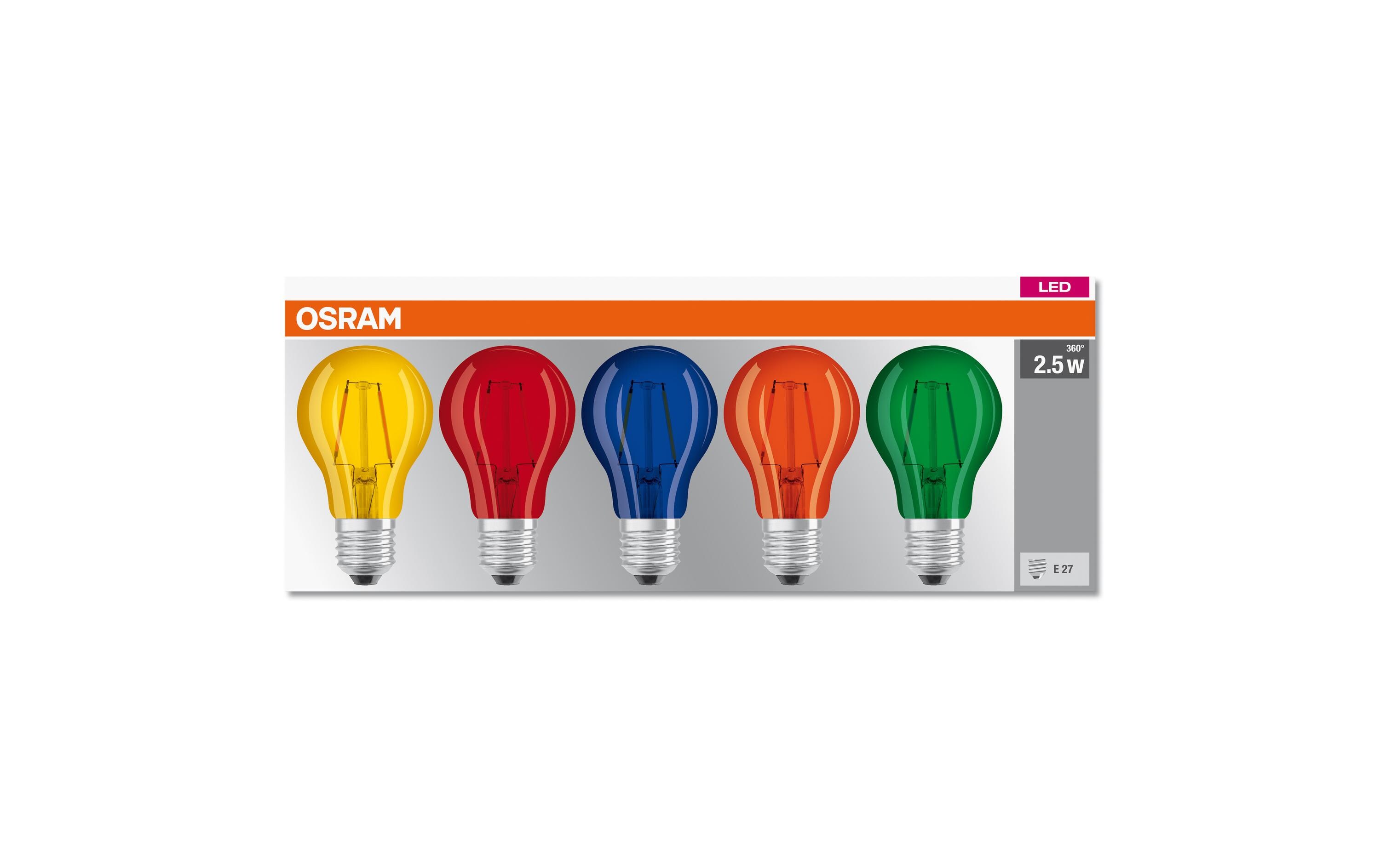 Lampe Star Color Box, 2.5W, E27, 5 Stück, MehrfarbigFarbige LED-Lampen in klassischer Kolbenform