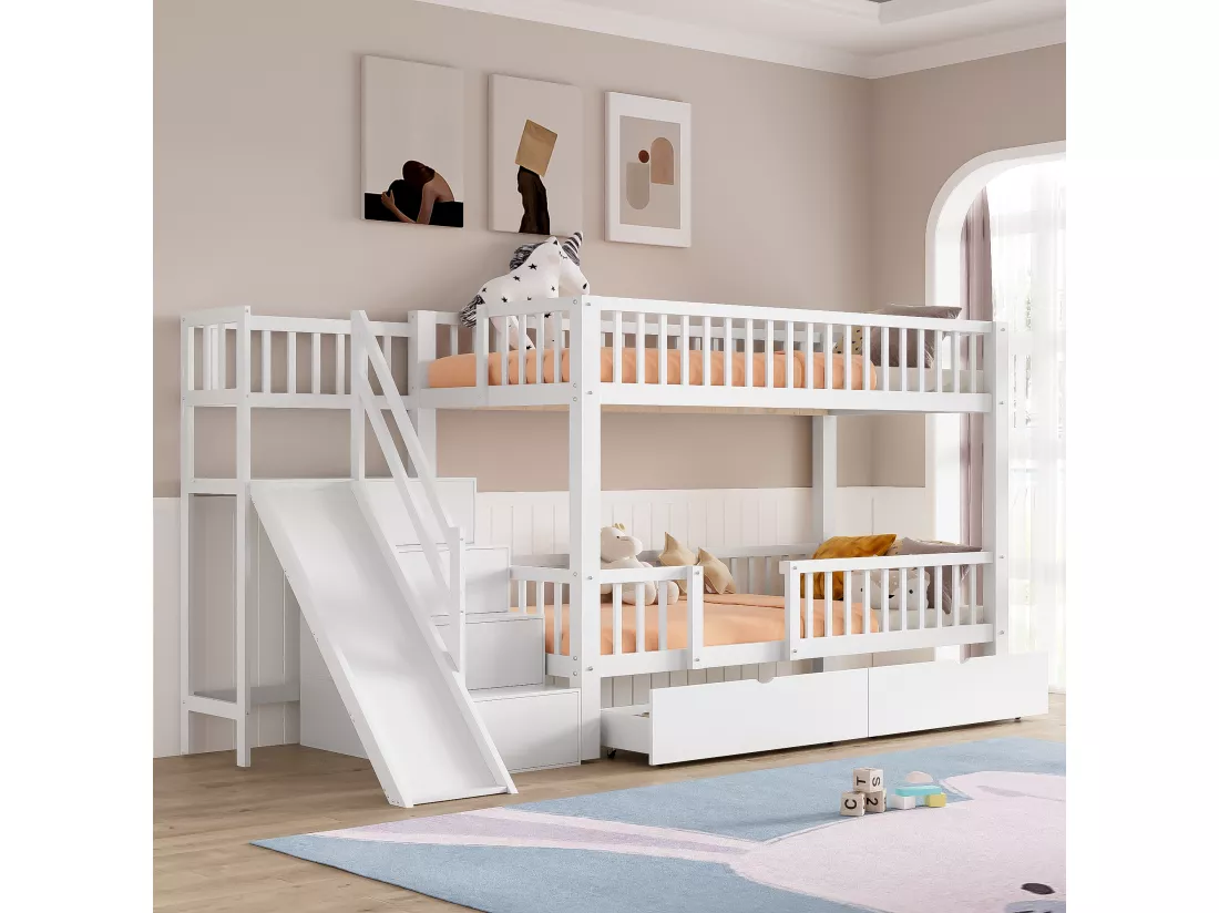 Lit superposé en bois et MDF - 90x200 cm - avec toboggan et escalier - Blanc(sans matelas)