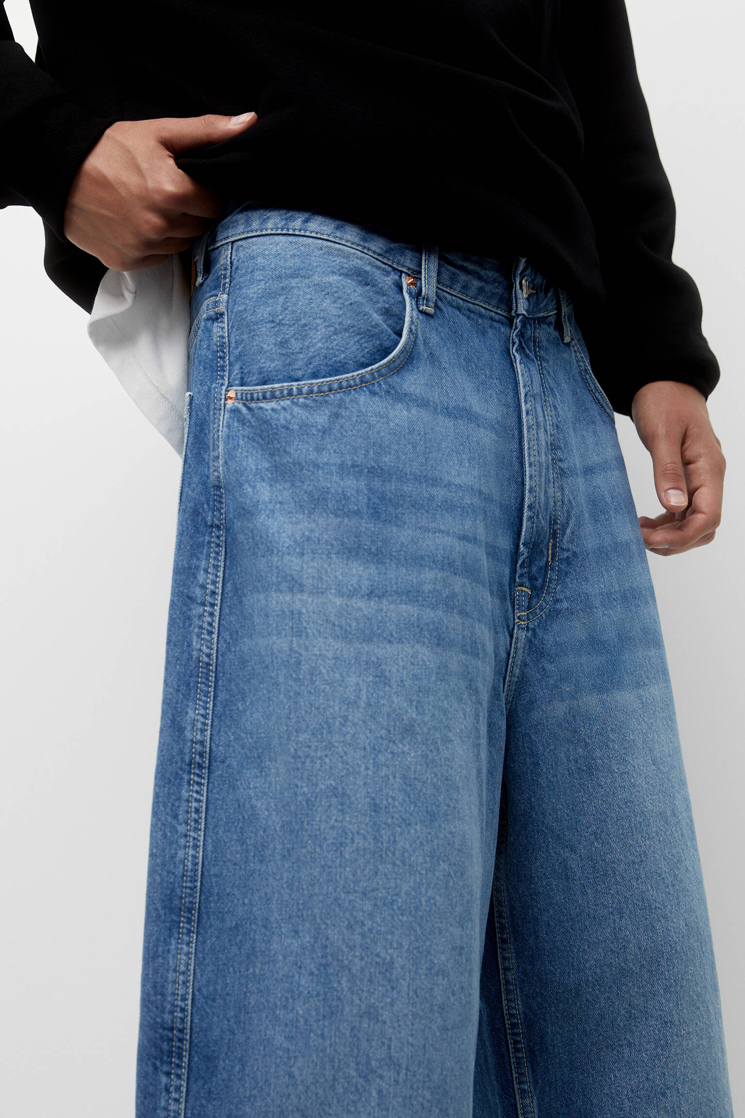 Bermuda jeans extra larga e folgada - Azul médio