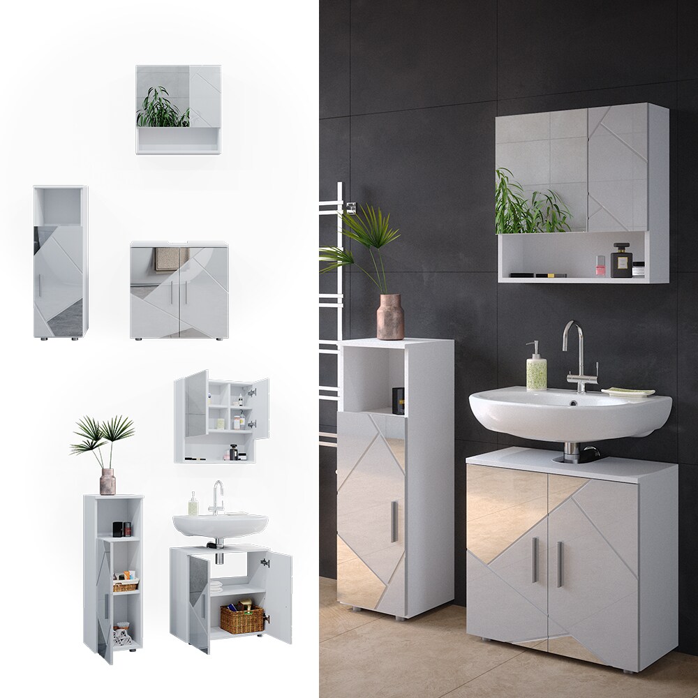 Vicco Badmöbelset mit Dekospiegeln Irma Weiß Hochglanz modern Badezimmerschrank Badschrank Badezimmermöbel Waschtischunterschrank Spiegelschrank Midischrank Schranktür Schrankfach Schrankschublade