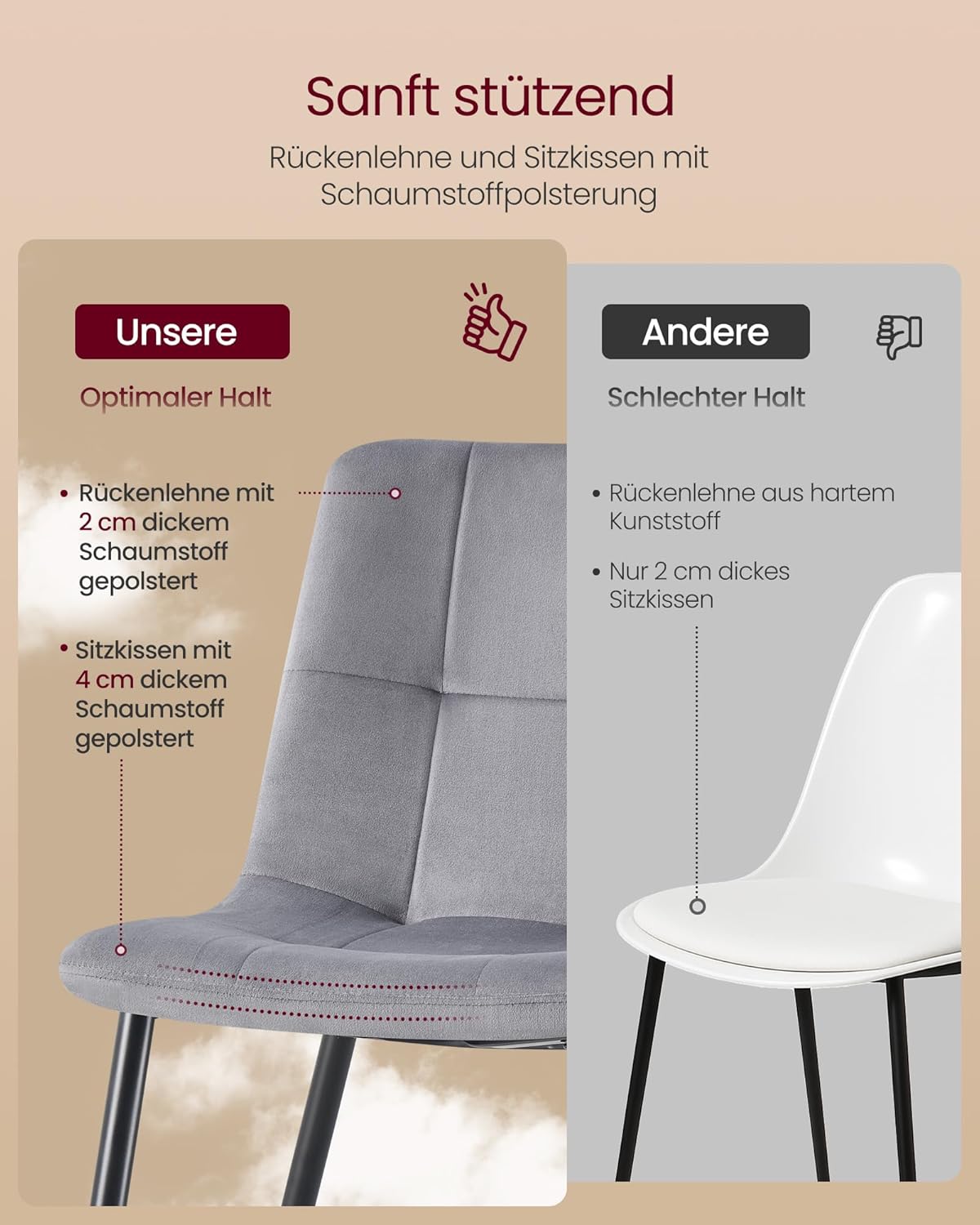 VASAGLE Esszimmerstühle Samt, Küchenstühle bis 120 kg belastbar, Sessel mit verstellbaren Füßen, modern, gepolstert, für Wohnzimmer, 4er Set, schiefergrau KDC080GN01