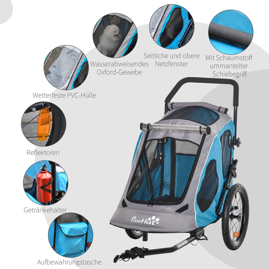 PawHut Fahrradanhänger für Hunde blau, grau, schwarz