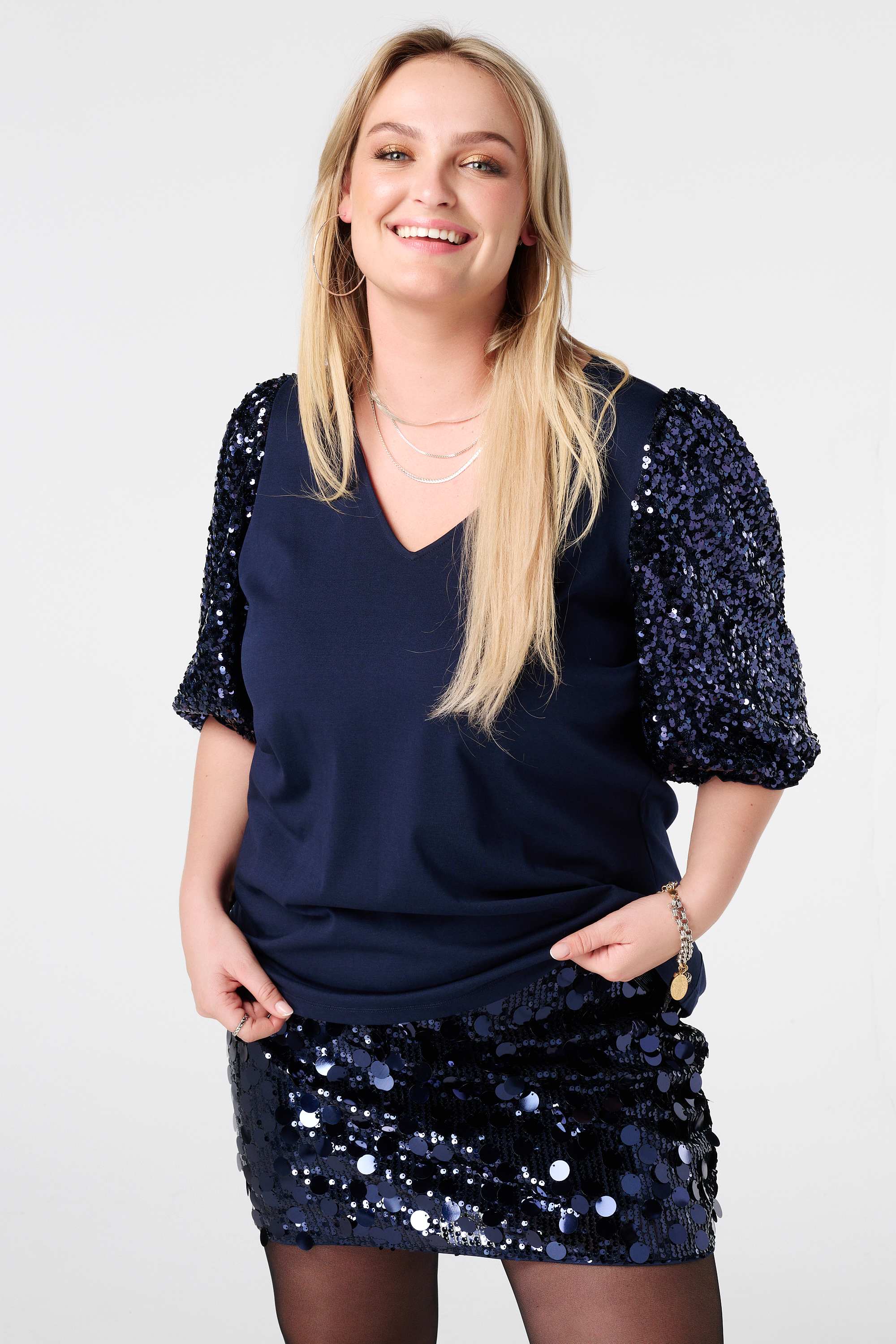 Top met pailletten pofmouwen Navy blauw