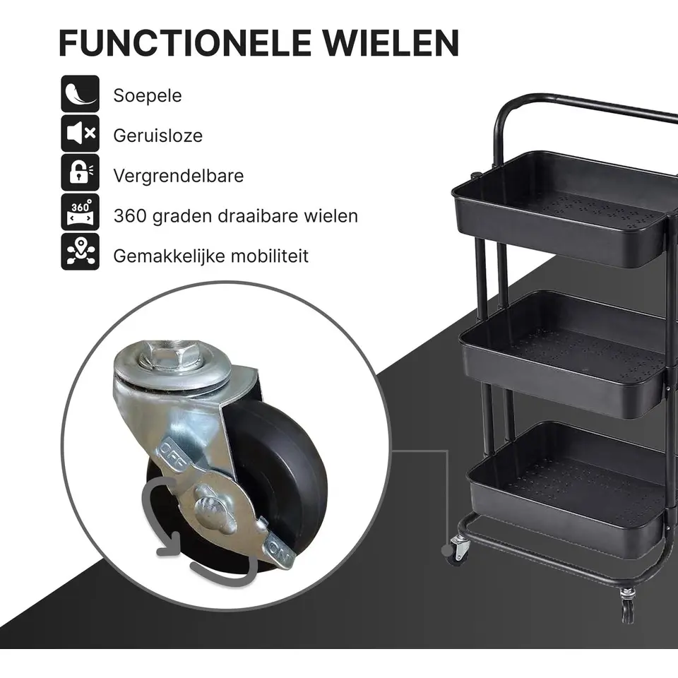 O'DADDY Keukentrolley - Zwart - 3 Lagen - 3 Manden - Verrijdbaar