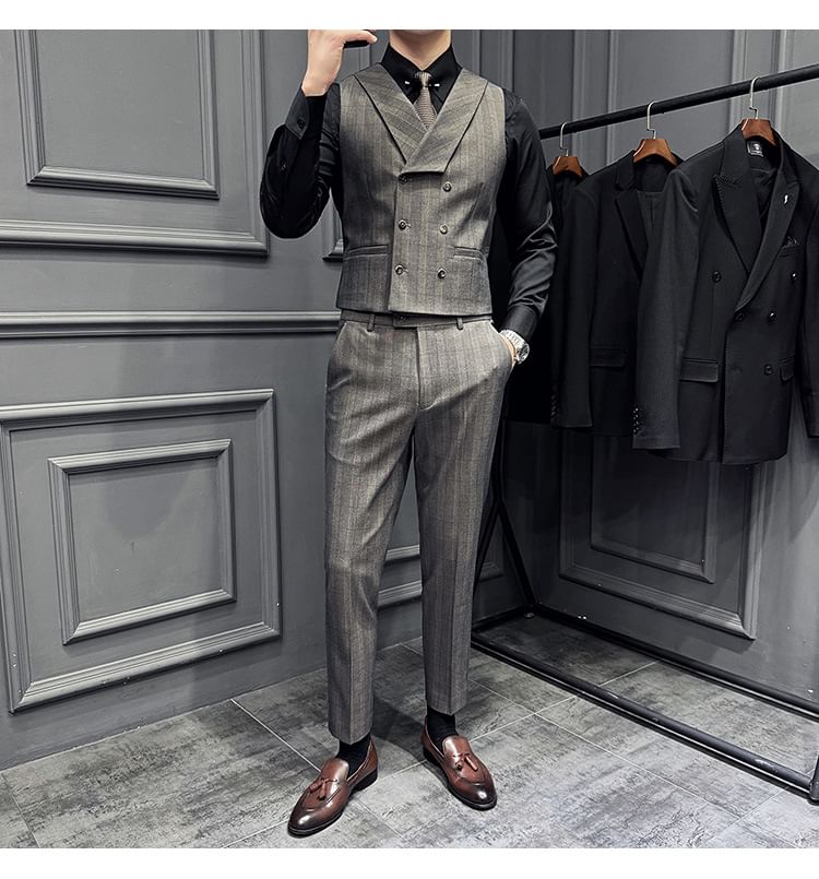 Lefitt - Set: Dubbelrijs gestreepte blazer + vest + pantalon