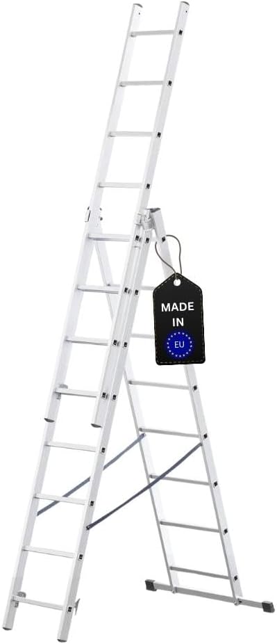 PROREGAL Economy Basic 3-delige multifunctionele ladder met dwarsbalk, 3 x 8 sporten, werkhoogte 4,97 m, draagvermogen 150 kg