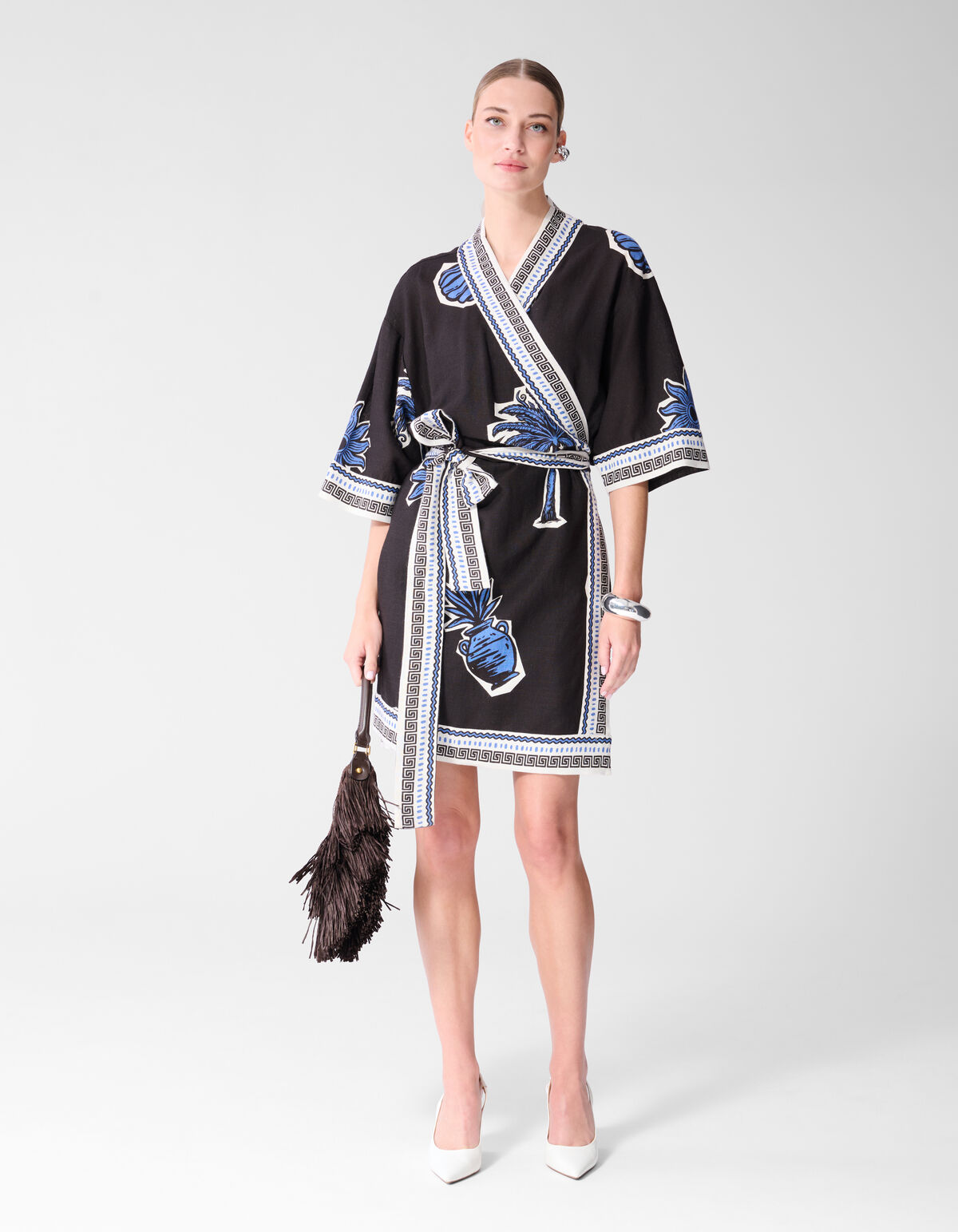 Palm Print Kimono Mini Jurk Bruin