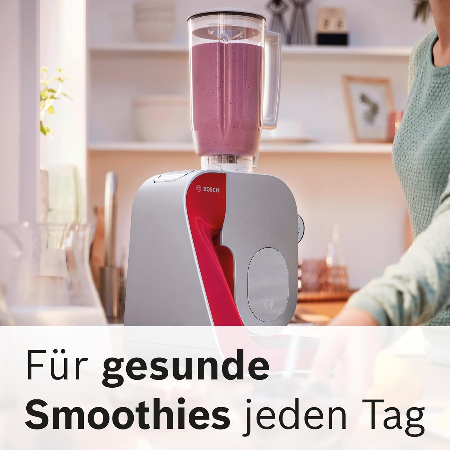 Bosch Küchenmaschine Serie 4, Edelstahl-Schüssel 3,9 L spülmaschinenfest, Mixer 1,25 L, Planetenrührwerk,Knethaken,Schlag,Rührbesen, Durchlaufschnitzler, 3 Scheiben, 1000 W, Dunkelrot, MUM58720