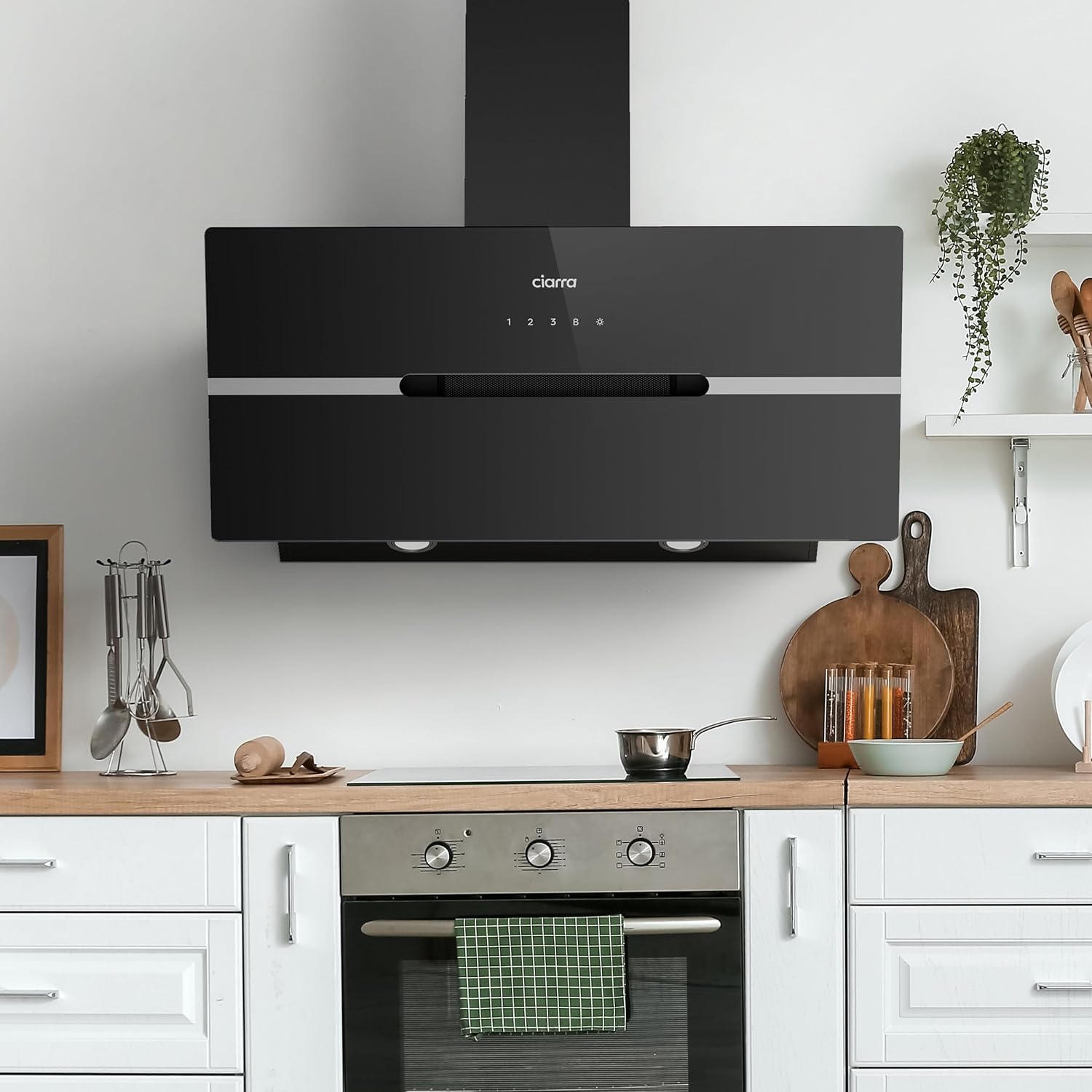 CIARRA CBCB9736F A+++ Dunstabzugshaube 90 cm Umluft Kopffreie Schräghaube 650m³/h automatisch Glasplatte Wi-Fi App Touch-Bedienung Booster Abluft mit CBCF003 Aktivkohlefilter 4 Stufen Schwarz