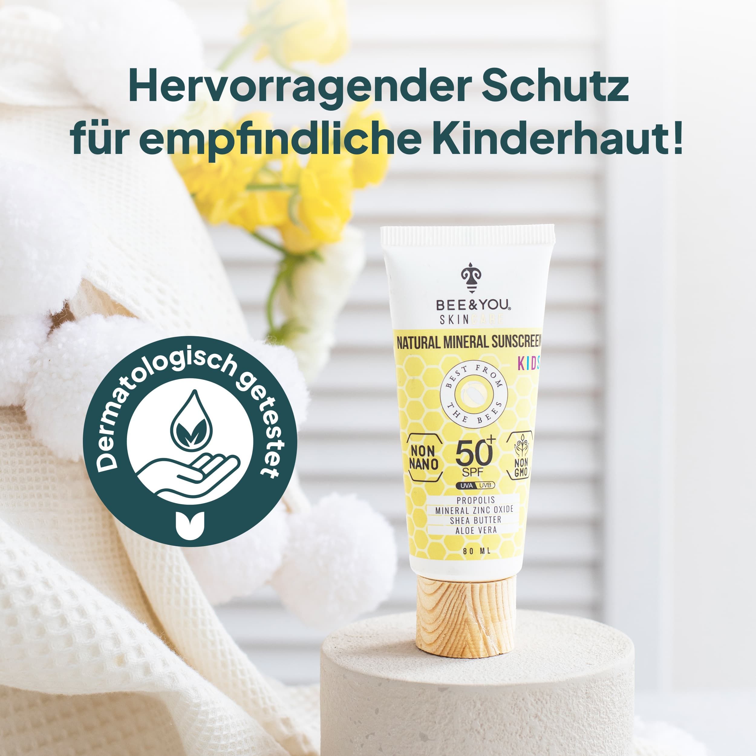 BEE&YOU Mineralischer Sonnenschutz , Sonnencreme für Kinder mit Propolis , wasserfest