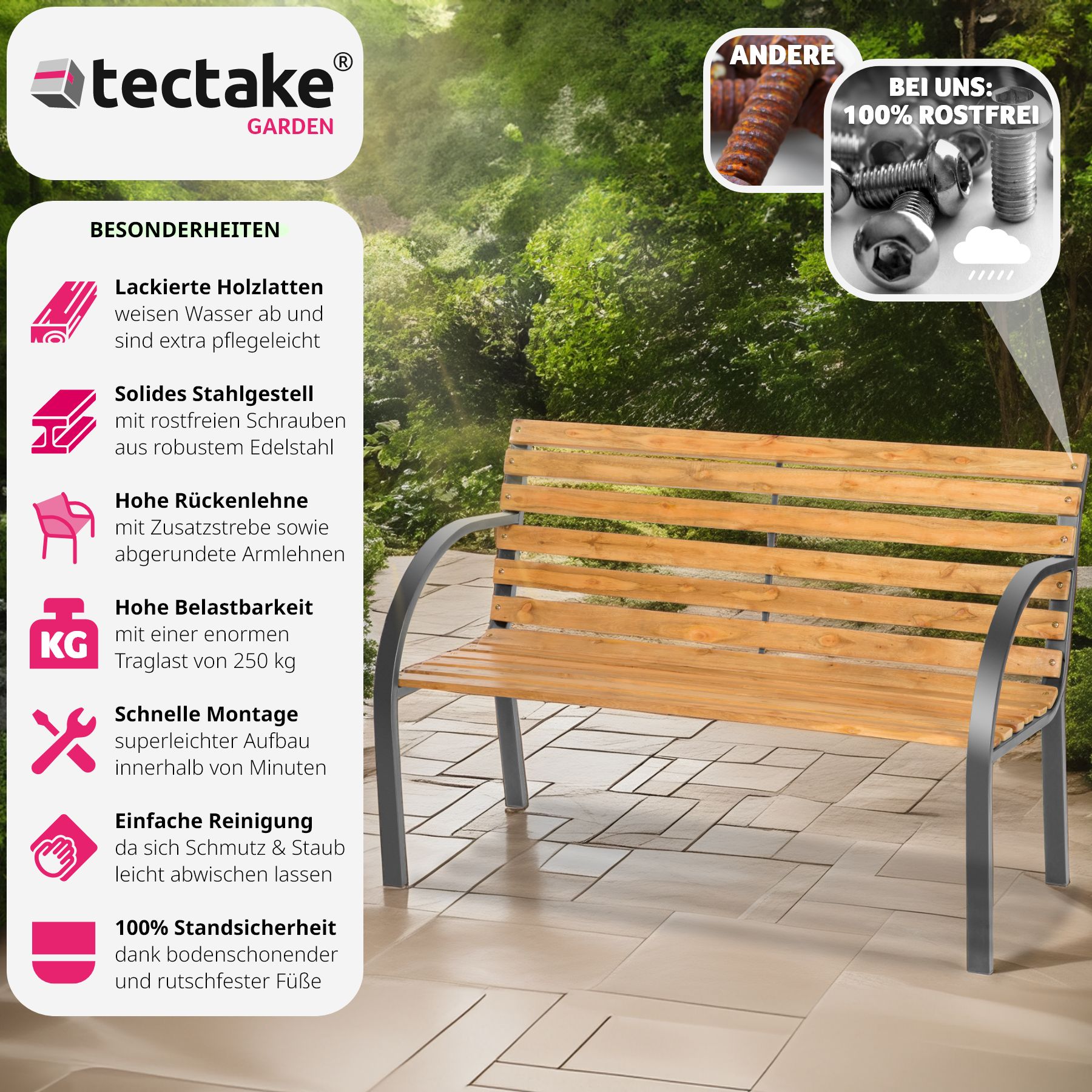 tectake® Gartenbank, 2-Sitzer, wetterfest, 119,5 x 62 x 83 cm