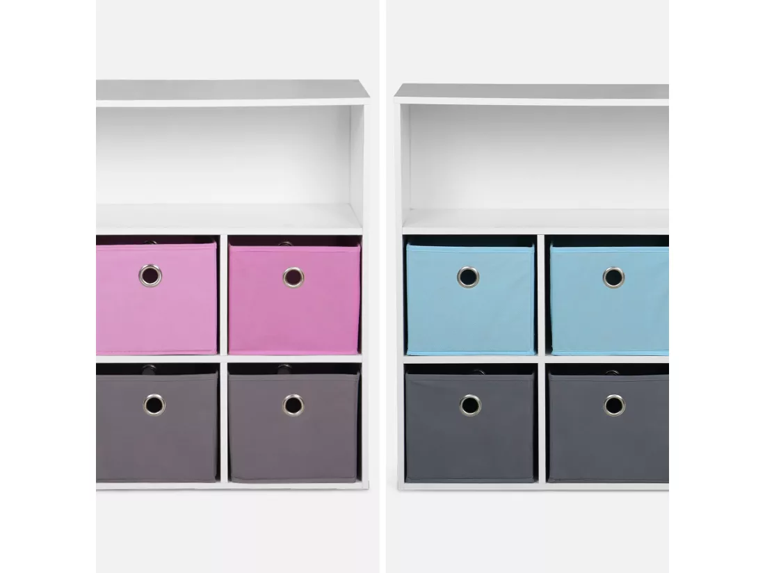 Meuble de rangement pour enfant. blanc - Camille - avec 7 compartiments et 6 paniers gris et roses