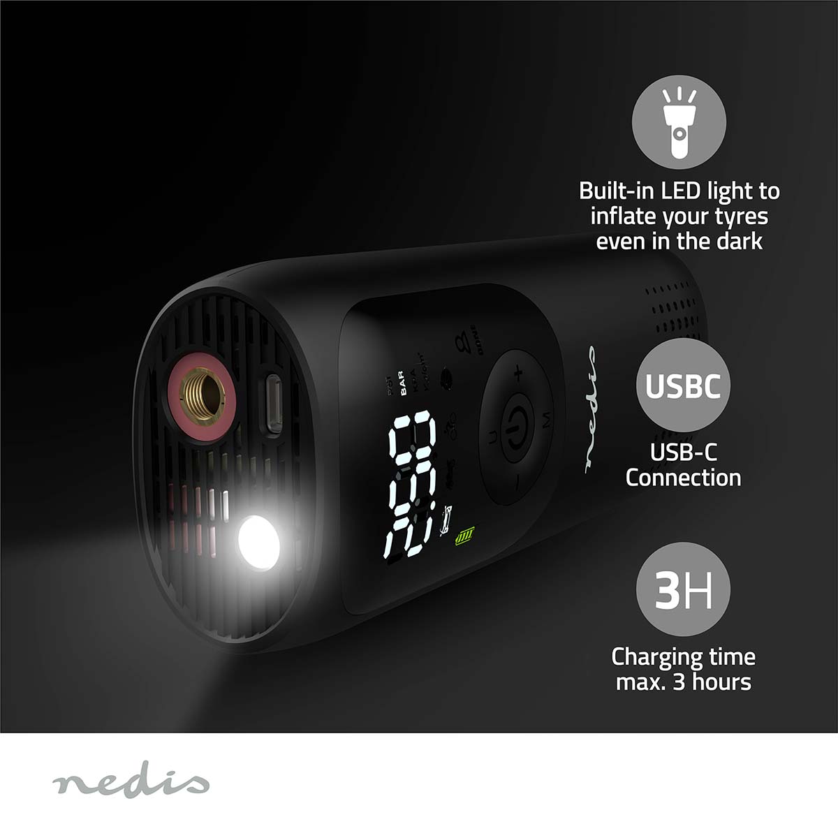 Nedis paac10bk oplaadbare luchtcompressor - zwart