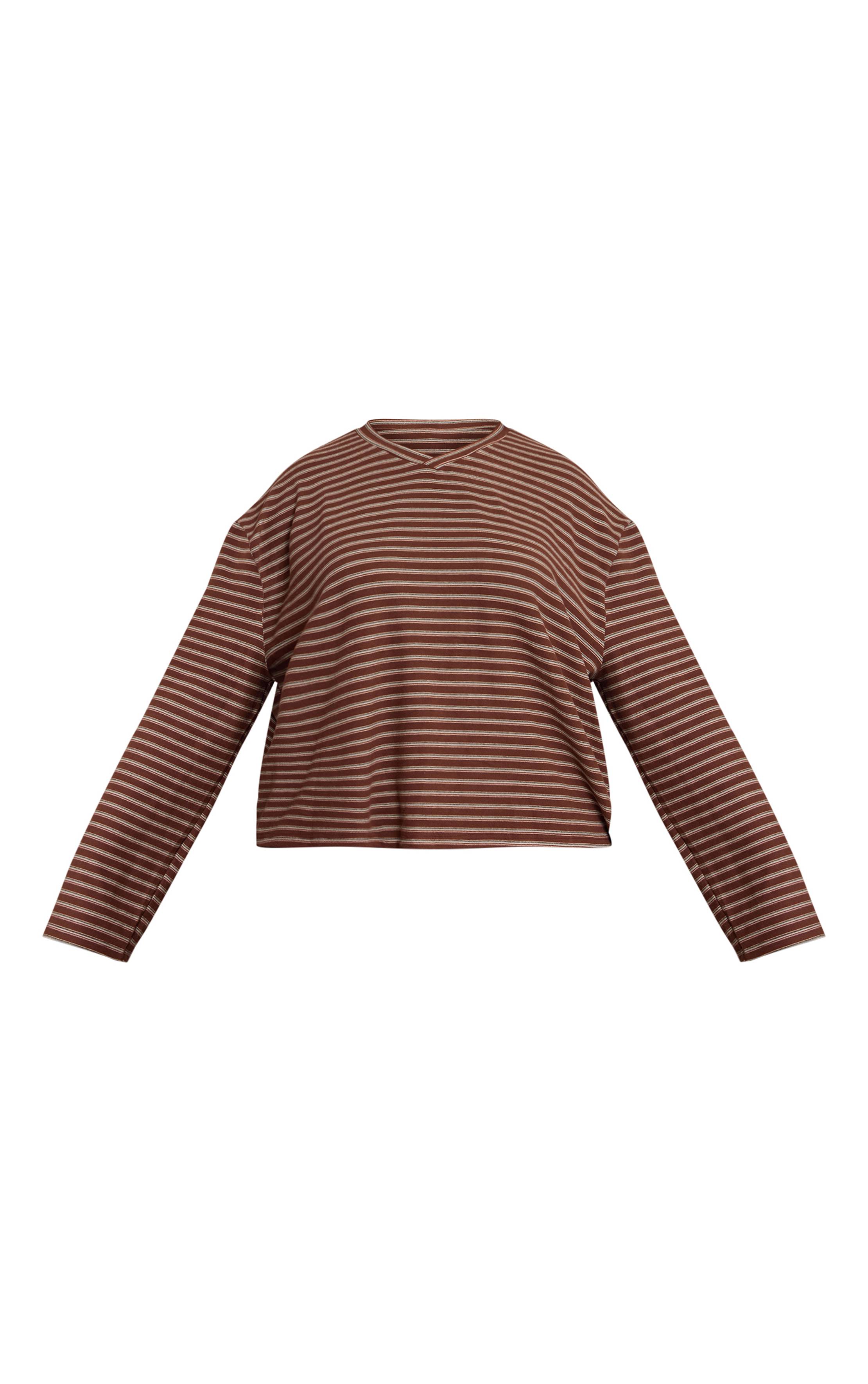 Chocolat Sweat-shirt Grande Taille En Polaire Douce À Rayures Avec Encolure En V Ensemble Coordonné