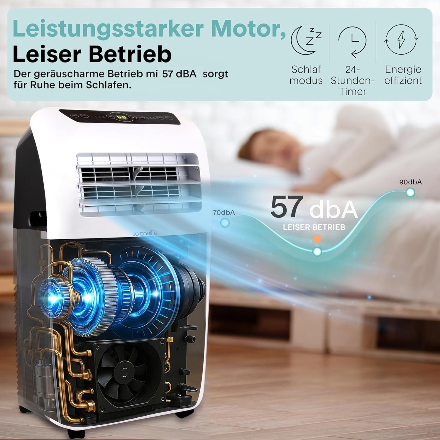 SereneLife Mobile Klimaanlae, Klimagerät, Air Conditioner, 7000 BTU, 2kW- Mobiles Klimagerät- mit Abluftschlauch, 3in1 Luftkühler,Luftentfeuchter & Ventilator, 24h Timer, Fernbedienung, Raumgröße 33m2
