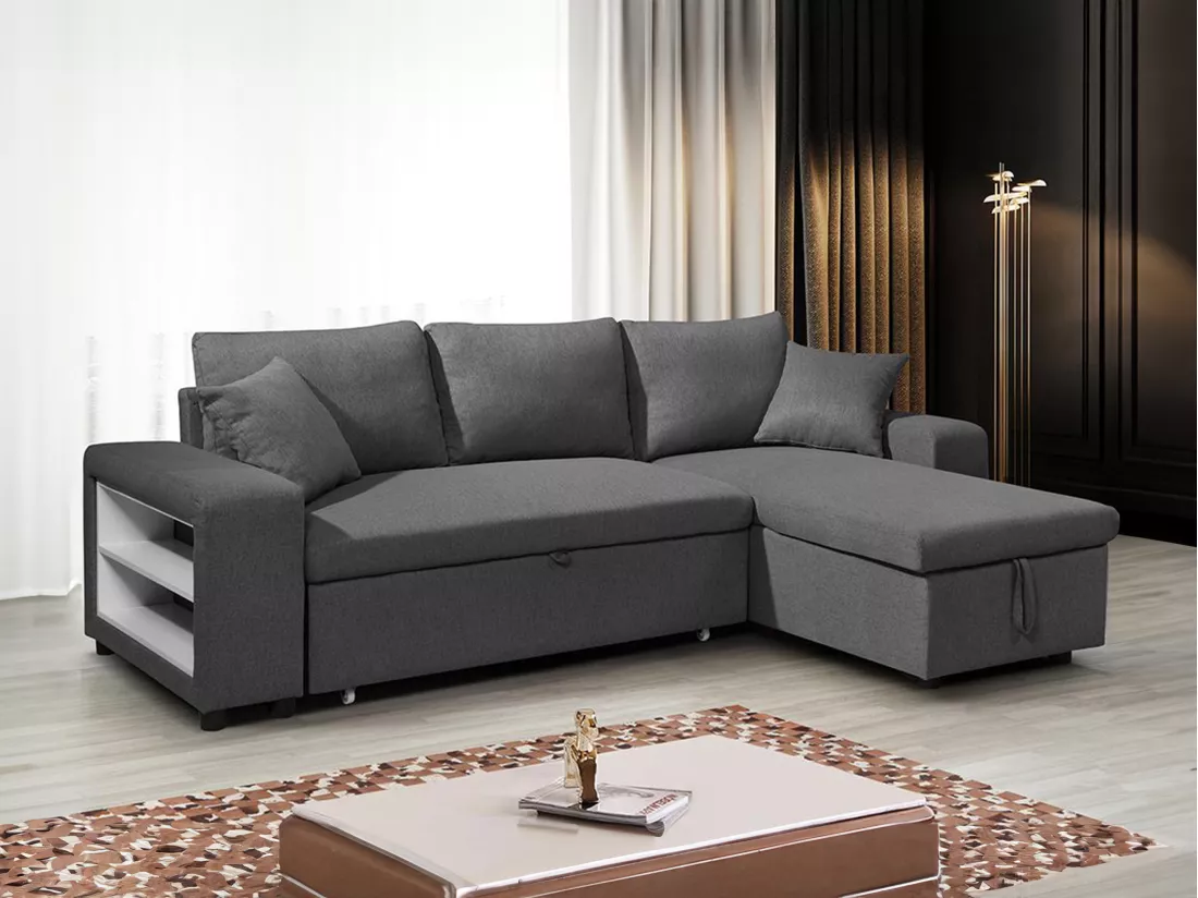 Canapé d'angle convertible et réversible en tissu avec coffre de rangement et poufs anthracite SELIM