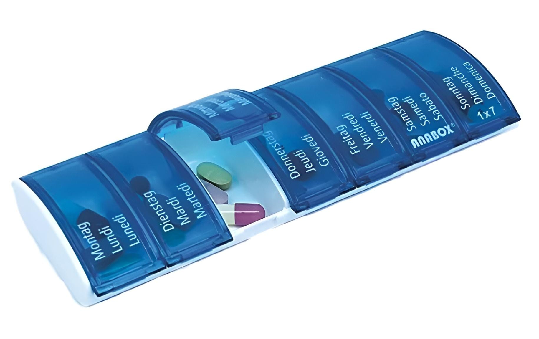 Medidispenser 1x7 türkis DE/FR/ITMedikamentenbox mit 7 Fächer