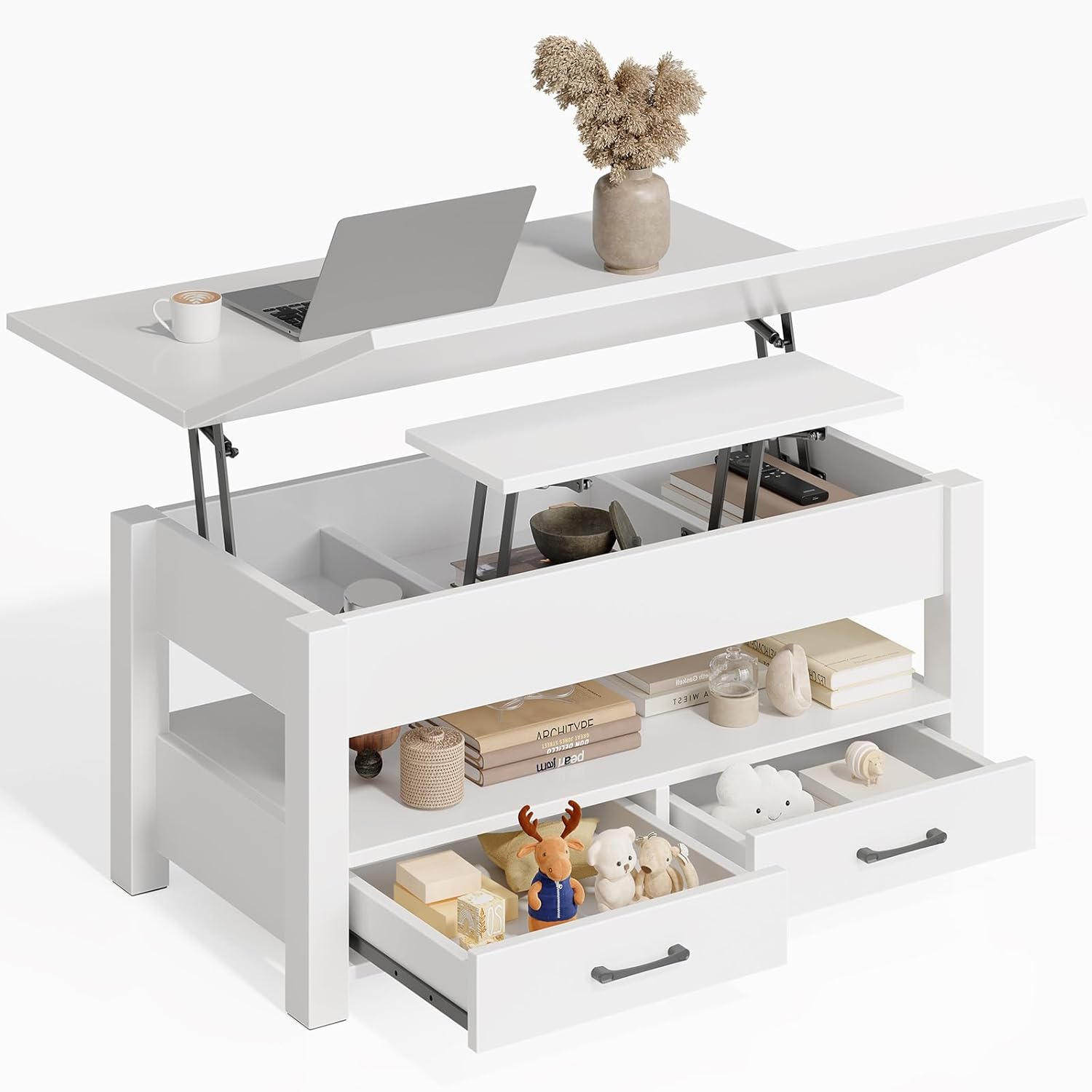 Rolanstar Höhenverstellbarer Couchtisch mit 2 Schubladen, 100 x 50 cm Wohnzimmertisch aus Holz,Platzsparend & Einfach Montiert für Schlafzimmer, weiß