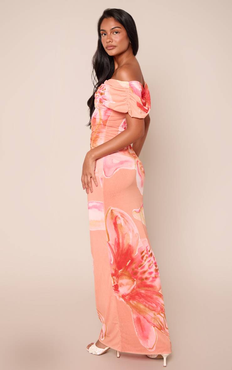 Orange Robe Longue Asymétrique Drapée À Imprimé Floral