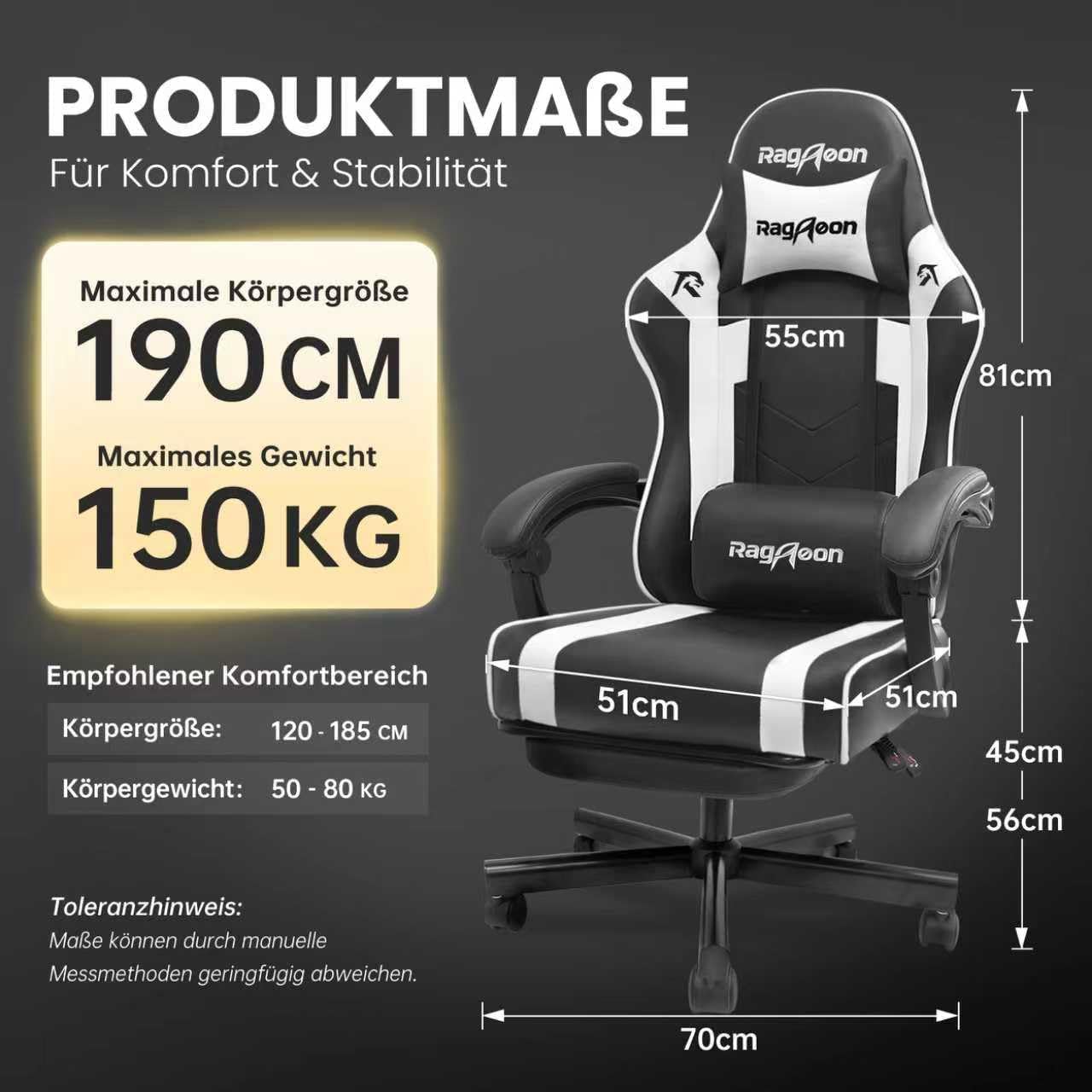 Gaming Stuhl Chair Gamer Sessel - Ergonomischer Gamer Stuhl Höhenverstellbar Gepolstert Gamingstuhl mit Fußstütze Kopfstütze und Lordosenstütz PC Sessel Drehsessel Tragkraft 150 Kg Schwarz