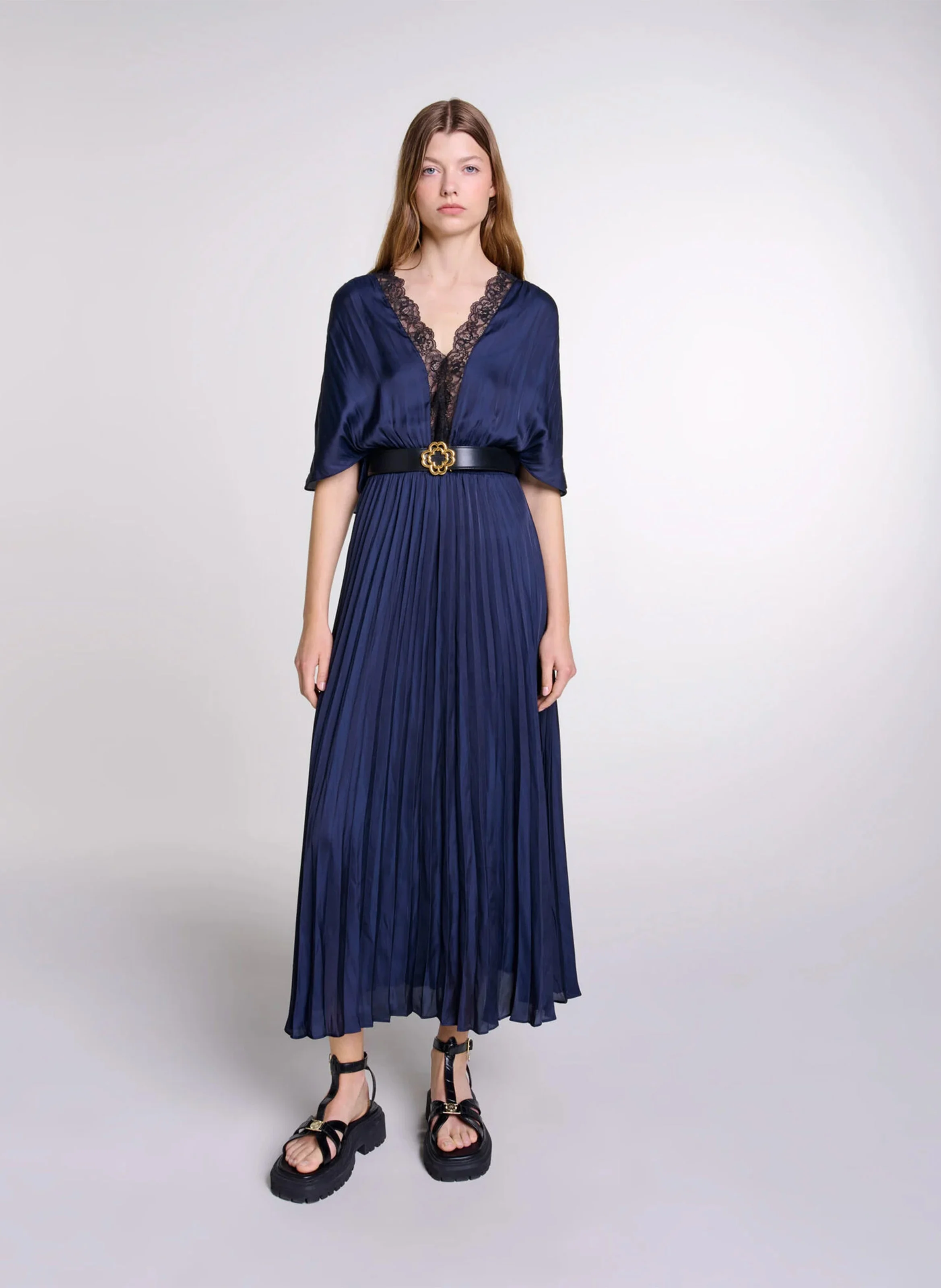 Robe longue col V satinée | Bleu