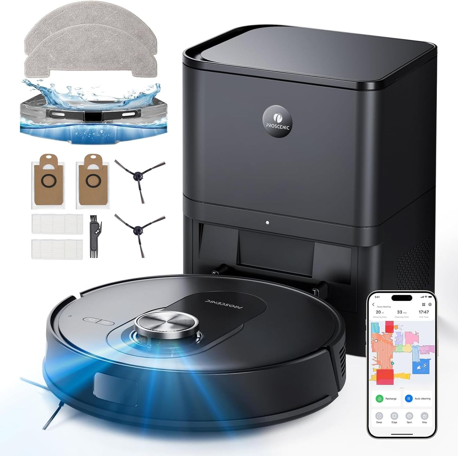 Proscenic Q8 Max Saugroboter mit Wischfunktion, 6000Pa 200min Staubsauger Roboter mit Absaugstation 3L Staubbeutel, Intelligentes Laser Navigation mit 5 Karten, Steuerung über APP Alexa  Siri