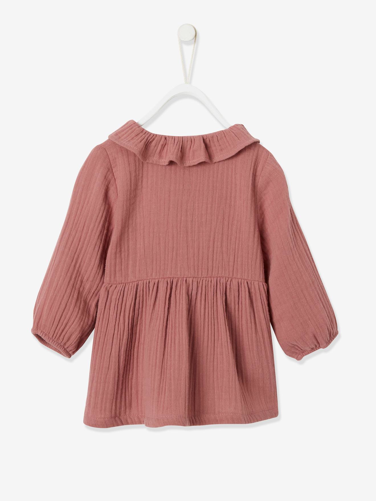 Vestido infantil com babado de chiffon de algodão, marrom médio liso