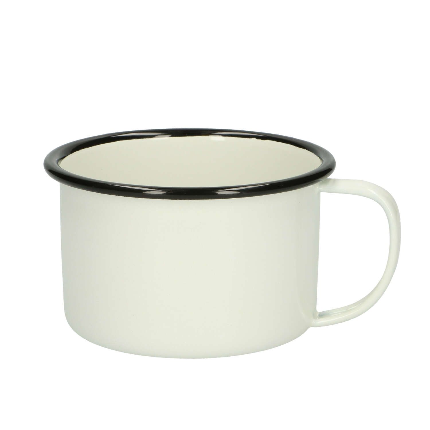 Beker met oor, emaille, zwart/wit, Ø 11 cm