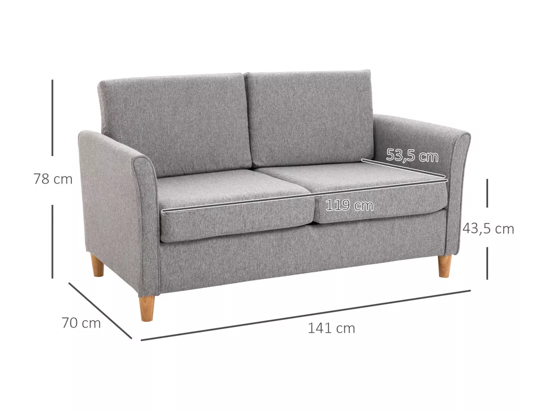 Canapé 2 places design scandinave dim. 141L x 65l x 78H cm pieds bois massif tissu lin gris clair chiné