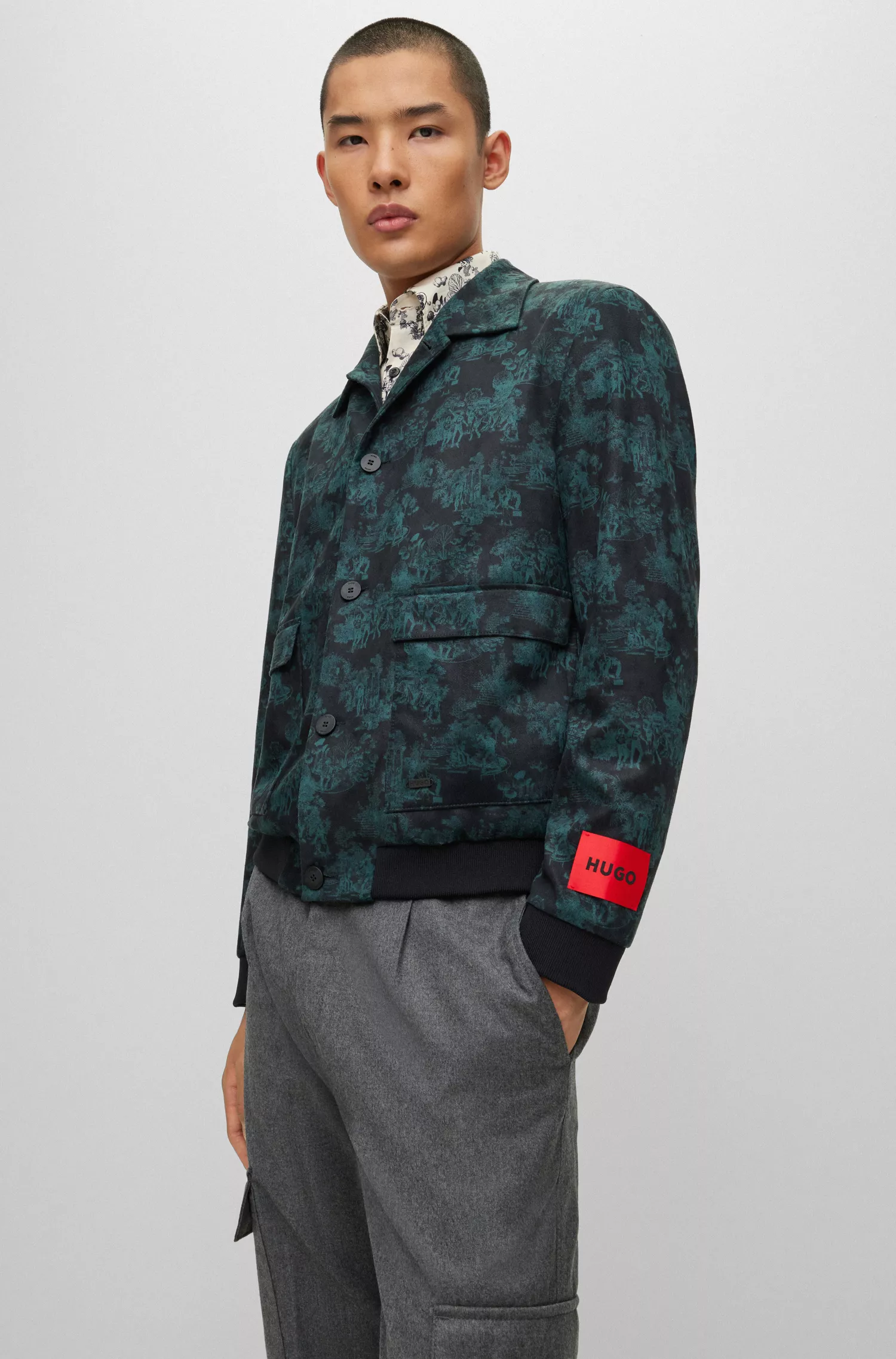 Jaqueta HUGO Red-Slim-fit em jersey com estampa toile de jouy