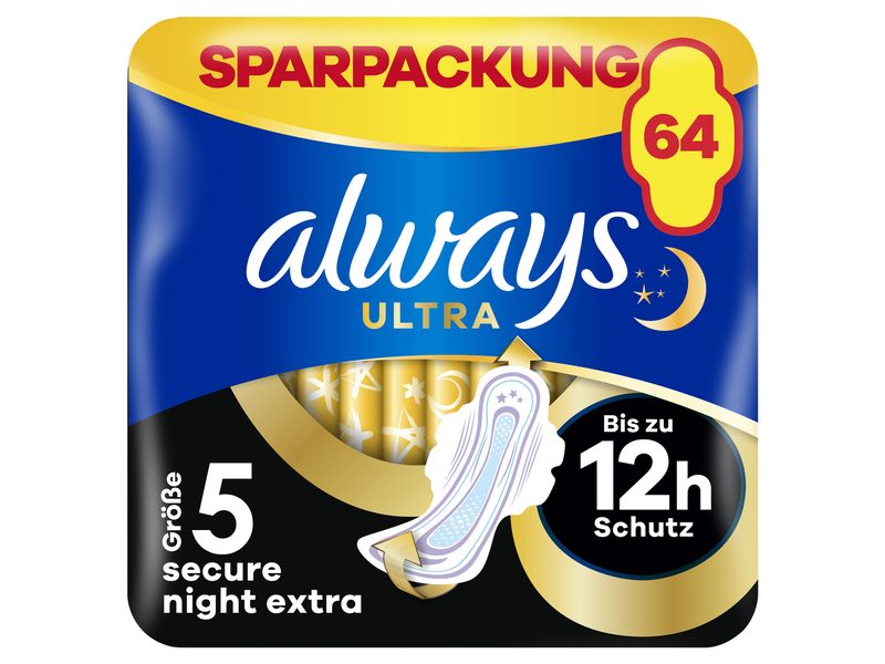 Always Binde mit Flügeln Ultra Secure Night Extra 64 Stück Hochwertige Binden mit saugfähigem Kern