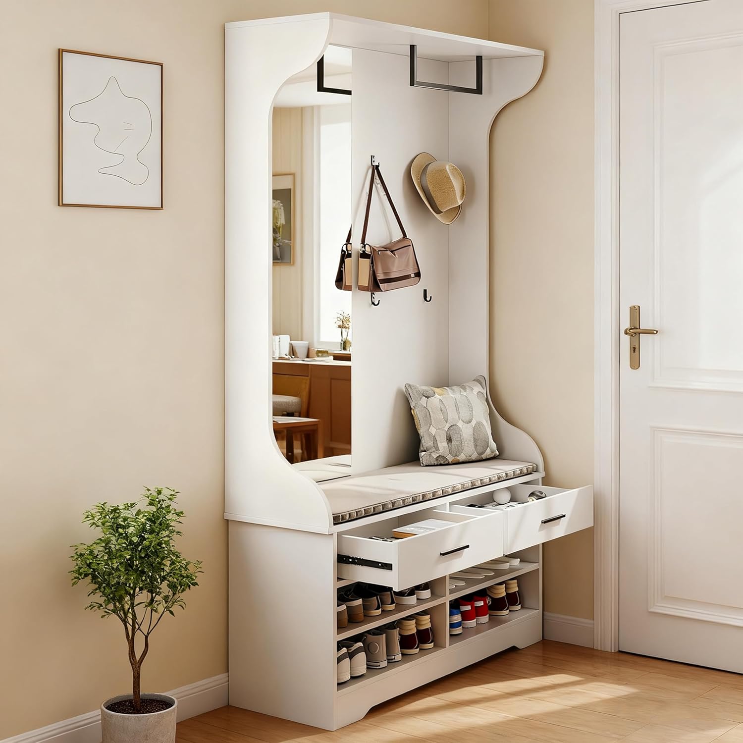 Garderobe Set mit Spiegel, Flurgarderoben Set mit 4 Haken, 2 Schublade, Schuhschrank, Flurschrank mit Wäscheständer, Wandgarderobe,Kompaktgarderobe Schmaler Flur, 104x35x180cm (Weiß)